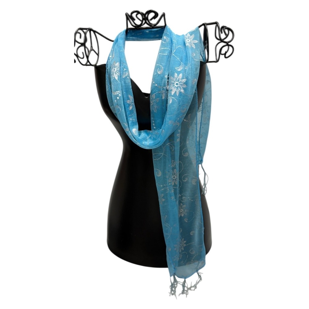 Blue Floral Womens Scarf Lightweight Sheer Wrap with Fringe 58x8‎